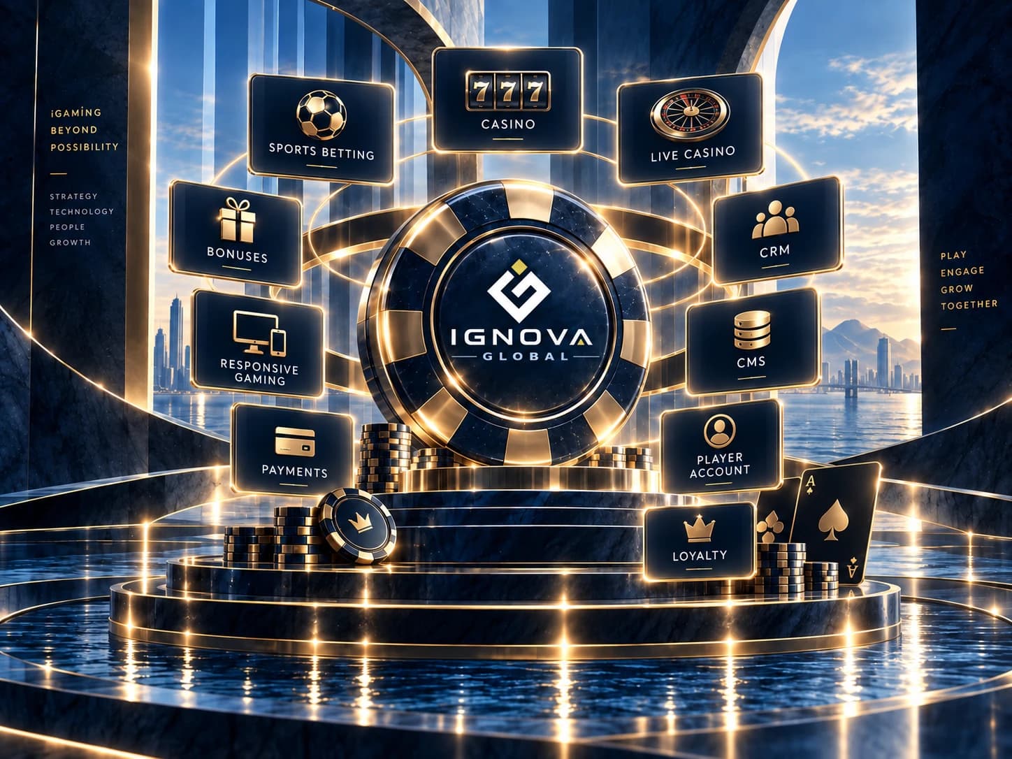 IGNOVA GLOBAL iGaming platform graphic with icons for sports betting, casino, CRM, payments and loyalty.