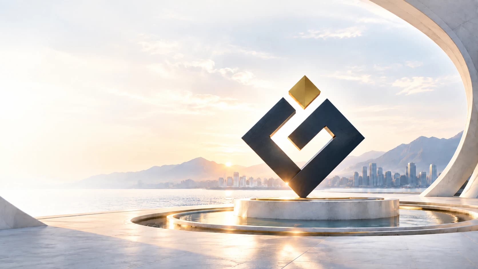 IGNOVA GLOBAL logo displayed as a monument on a waterfront plaza at sunset, city skyline and mountains behind it.